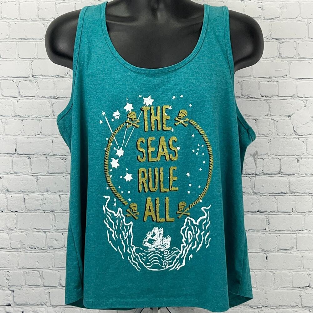 Disney The Seas Rule All Tank Top Shirt Womens XL X-Large Green Pirates Cruise